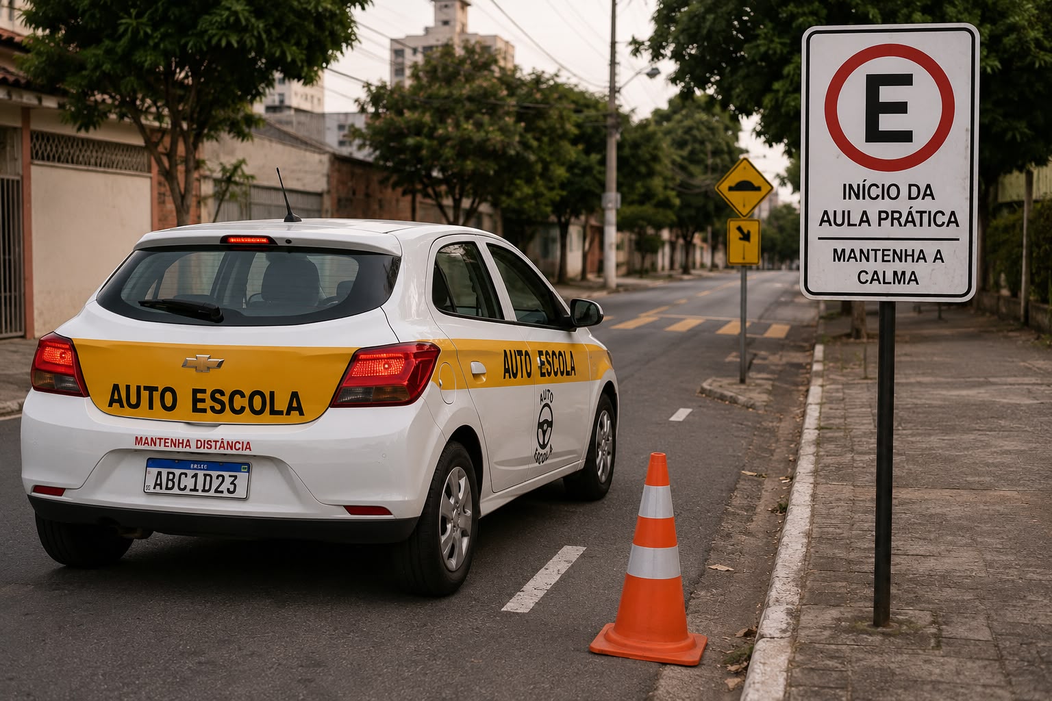 Aula prática de direção com veículo e cones em pista de autoescola