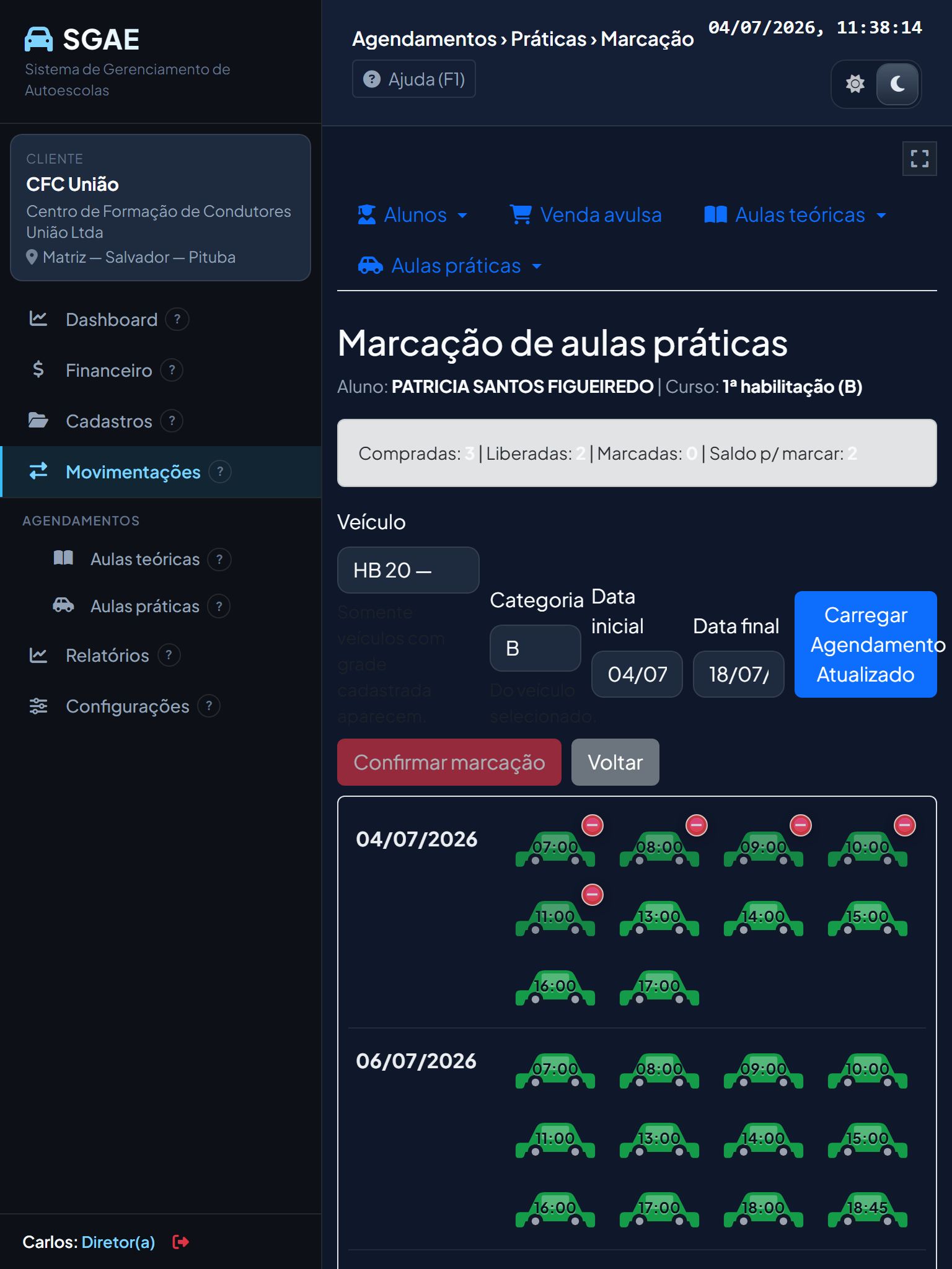 SGAE no tablet: marcação de aulas práticas categoria B com horários e veículo